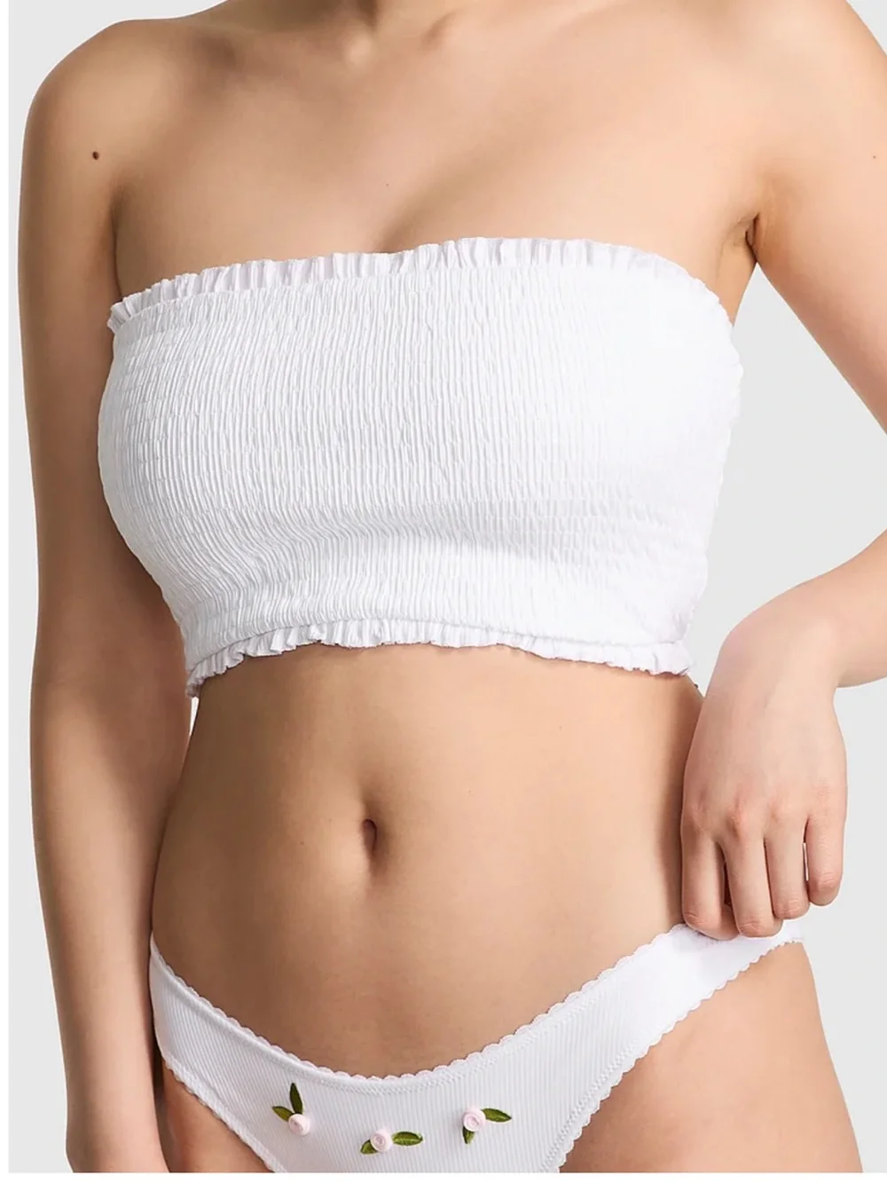 🤎  NWT PINK by Frankies Bikinis White Iris Rib Bikini Top - Large  (00899)